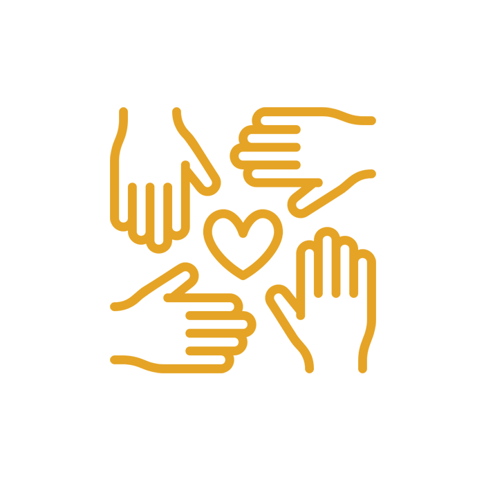 A simple yellow icon on a white background depicting four hands surrounding a heart in the center. The hands are positioned in a circular arrangement, with fingers pointing towards the heart, symbolizing unity, care, and support.