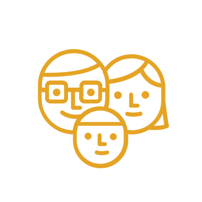 A minimalist yellow line drawing of three smiling faces, representing a family. The group includes two larger faces, one with glasses and the other with long hair, and a smaller face positioned below and between them. The background is white.